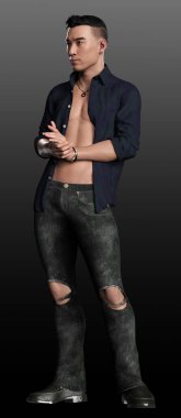 Yakışıklı Şehir Fantezisi Asyalı, Açık Gömlekli, Çıplak Göğlü Adam