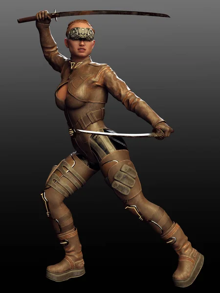 Sci Vagy Cyberpunk Warrior Vagy Assassin Katanas Bőrpáncélban — Stock Fotó