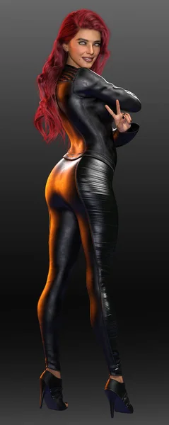 Urban Fantasy Woman Leather Outfit Long Red Hair Action Pose — Stok fotoğraf