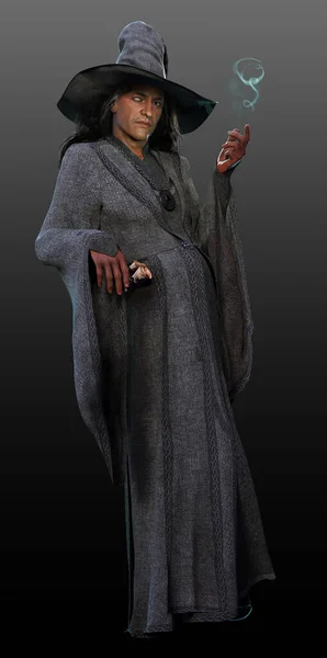 Fantasy Wizard or Mage, Old Wizard in Robes with Magic Staff