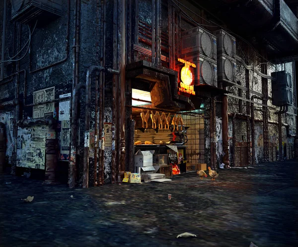 Cyberpunk Sci Chinese Chicken Stall Dark Street — Stockfoto