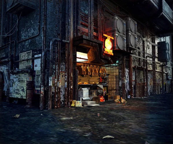 Cyberpunk or Sci Fi Chinese Chicken Stall on Dark Street