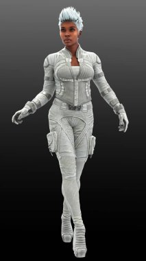 Sci Fi or Cyberpunk POC Woman in White Leather Jumpsuit