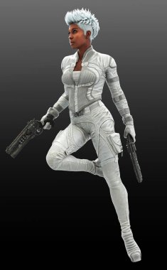 Sci Fi or Cyberpunk POC Woman in White Leather Jumpsuit