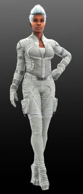 Sci Fi or Cyberpunk POC Woman in White Leather Jumpsuit