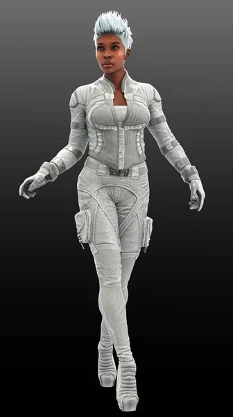 Sci Cyberpunk Poc Woman White Leather Jumpsuit — стоковое фото