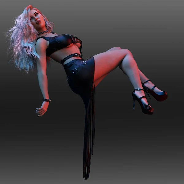 Blonde Goth Pinup Sexy Woman Black Leather Dress — Fotografia de Stock