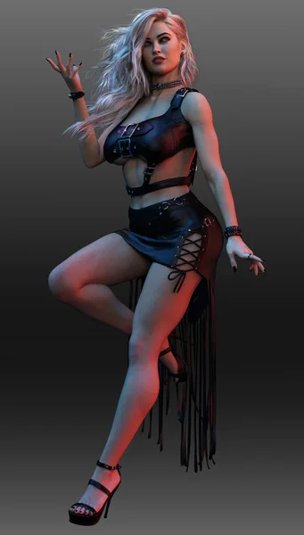 Blonde Goth Pinup Sexy Woman Black Leather Dress — Stock Fotó