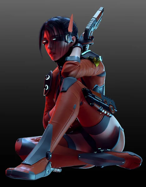 Cyberpunk Scifi Sexy Pinup Warrior Poc Assassin Pistols — Stockfoto