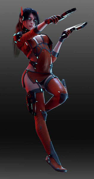 Cyberpunk or SciFi Sexy Pinup Warrior, POC Assassin with Pistols