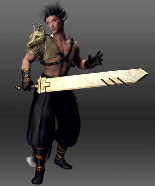 Fantasy Fae Male, Kitsune, Gumiho, Kumiho Shirtless Man with Fox Ears and Tail