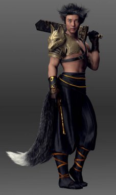 Fantasy Fae Male, Kitsune, Gumiho, Kumiho Shirtless Man with Fox Ears and Tail