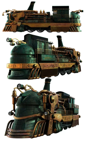 Steampunk Train Engine Green Ornate Brass Fittings — Stockfoto
