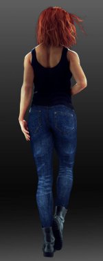 Urban Fantasy Redhead in Black Tank and Jeans, Back View