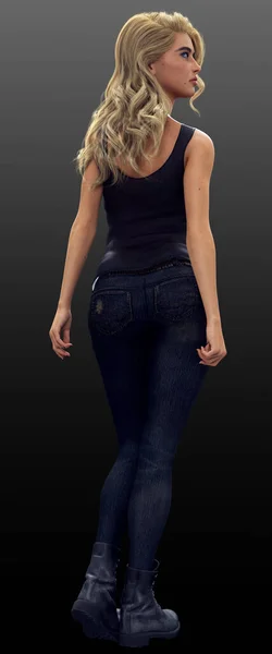 Urban Fantasy Blonde Woman Black Tank Jeans — Fotografia de Stock