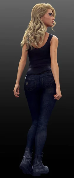 Urban Fantasy Blonde Woman Black Tank Jeans — Stok Foto