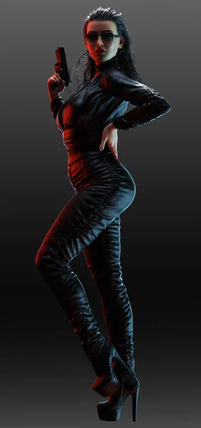 Urban Fantasy Cyberpunk Sci Sexy Female Assassin Black Leather — Zdjęcie stockowe