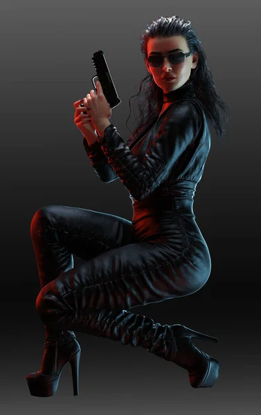 Urban Fantasy Cyberpunk Sci Sexy Female Assassin Black Leather — Stock Photo, Image