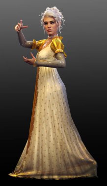 Fantasy Blonde Enchantress Queen in Long White and Gold Dress