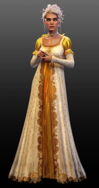 Fantasy Blonde Enchantress Queen in Long White and Gold Dress