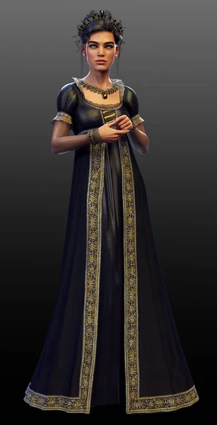 Fantasy Dark Enchantress Queen Long Black Gold Gown — Stok fotoğraf