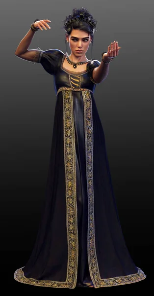 Fantasy Dark Enchantress Queen Long Black Gold Gown —  Fotos de Stock