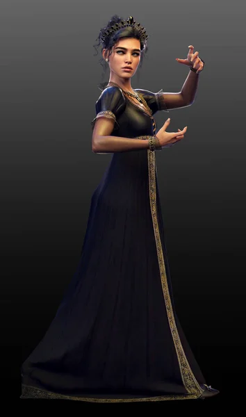Fantasy Dark Enchantress Queen Long Black Gold Gown — kuvapankkivalokuva