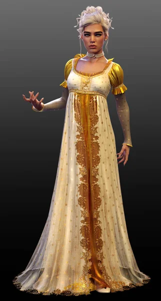 Fantasy Blonde Enchantress Βασίλισσα Μακρύ Λευκό Και Χρυσό Φόρεμα — Φωτογραφία Αρχείου
