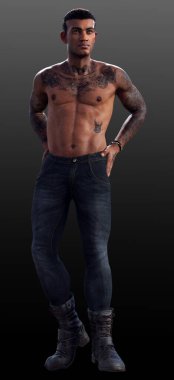 Urban Fantasy or Cyberpunk POC Man, Shirtless, Tattoos