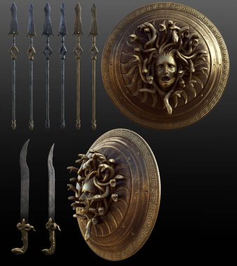 Fantasy CGI Greek Hero Weapons, Spear, Sword, Medusa Shield