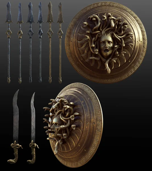 Fantasy Cgi Greek Hero Weapons Spear Sword Medusa Shield — Stockfoto