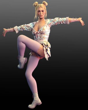 Fantasy Dancer Pierotti Puppet with Hearts on Face, Stockings, Boots