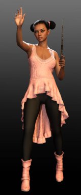 Fantasy Magic Academy POC Girl with Hair Puffs in Pink Dress