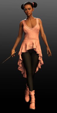 Fantasy Magic Academy POC Girl with Hair Puffs in Pink Dress