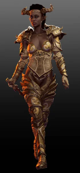 Fantasy POC Elf with Daggers in Gold Armor with Horns