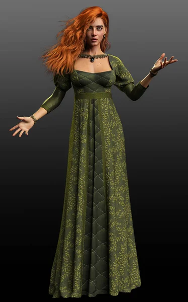 Piękna Fantasy Czerwone Włosy Księżniczka Lub Królowa Long Green Sukienka — Zdjęcie stockowe