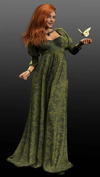Όμορφη Fantasy Red Haired Πριγκίπισσα Βασίλισσα Long Green Φόρεμα — Φωτογραφία Αρχείου