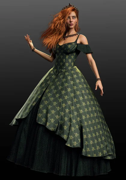 Linda Fantasia Red Haired Princesa Rainha Vestido Verde Longo — Fotografia de Stock