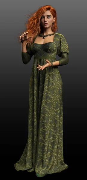 Gyönyörű Fantasy Vörös Hajú Hercegnő Vagy Királynő Long Green Gown — Stock Fotó