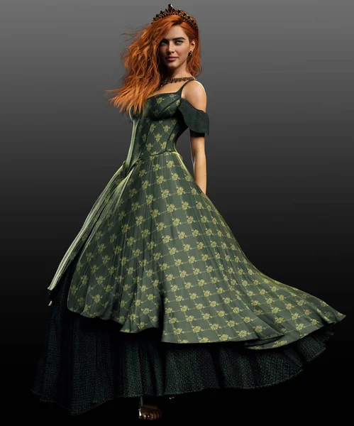 美しいファンタジー赤髪の王女または女王の長い緑のガウン — ストック写真