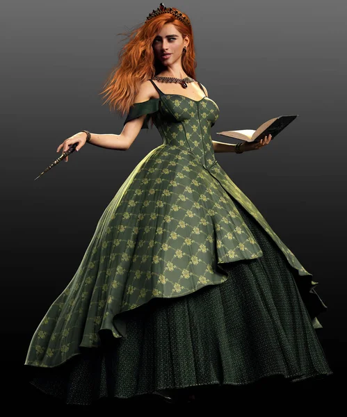 美しいファンタジー赤髪の王女または女王の長い緑のガウン — ストック写真