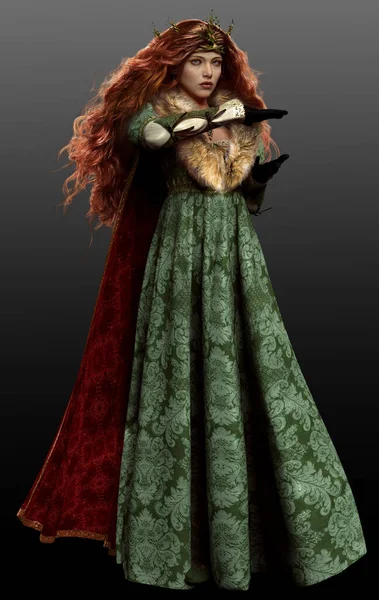 黒髪の中世のガウンと毛皮のクロークに身を包んだ長い赤い髪のファンタジー女性 — ストック写真