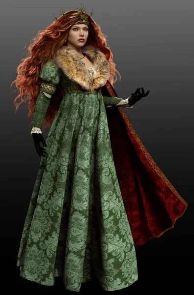 Fantasy Woman Long Red Hair Dressed Brocade Medieval Gown Fur — Stock Photo, Image