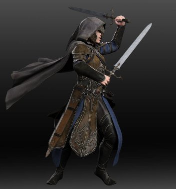 Deri Zırhlı Fantezi Ortaçağ Adamı, Kapüşonlu Pelerin, Kılıçlı