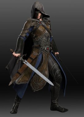 Fantasy Medieval Man in Leather Armor, Hooded Cloak, with Swords clipart
