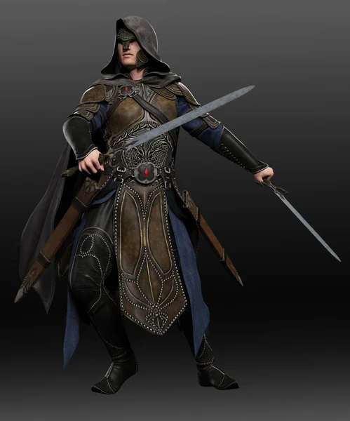 Fantasy Medieval Man in Leather Armor, Hooded Cloak, with Swords