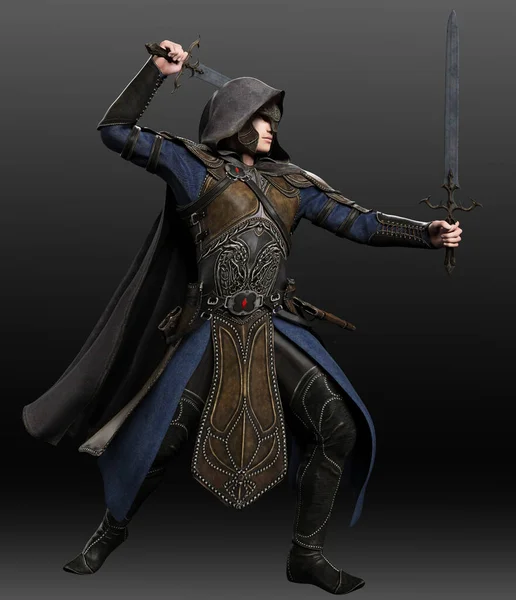 Fantasy Medieval Man in Leather Armor, Hooded Cloak, with Swords