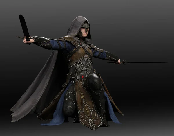 Fantasy Medieval Man in Leather Armor, Hooded Cloak, with Swords