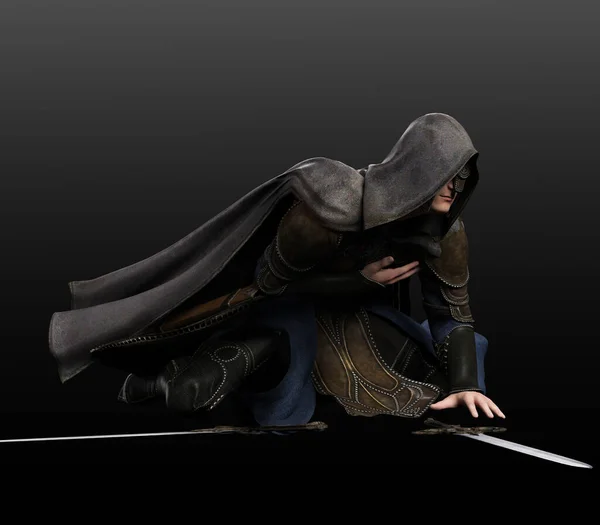 Fantasy Medieval Man in Leather Armor, Hooded Cloak, with Swords