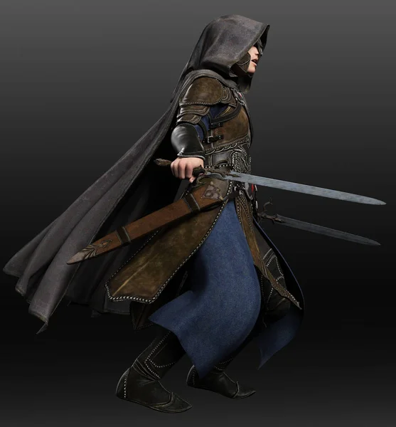 Fantasy Medieval Man Leather Armor Hooded Cloak Σπαθιά — Φωτογραφία Αρχείου